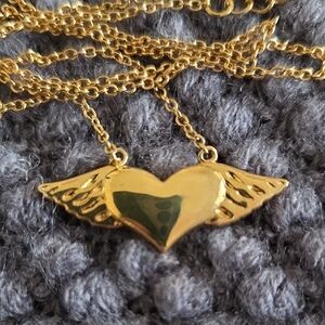 Gold Tone Winged Heart Necklace